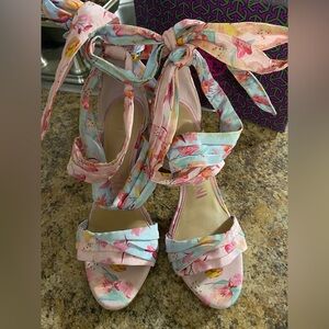Gianni Bini Floral Wrap Heels - Pink and Blue